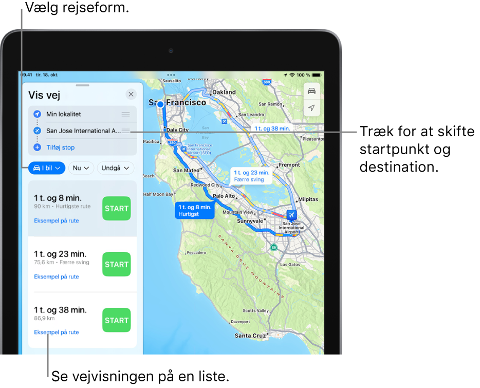 Et kort med tre kørselsruter fra San Francisco til San Jose International Airport. Den hurtigste rute er valgt.