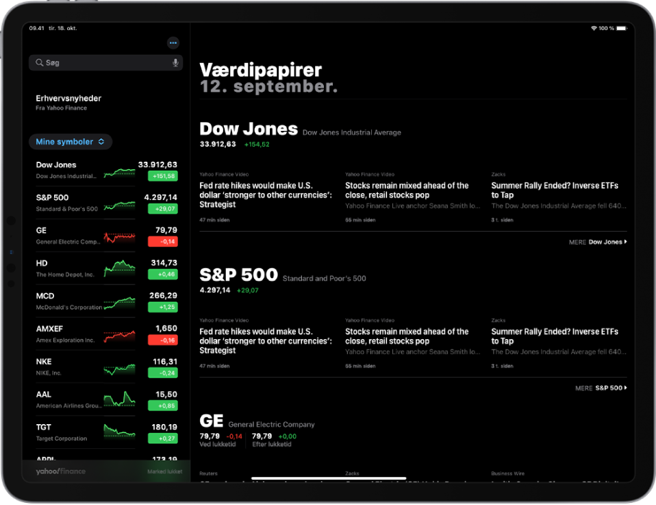 Skærmen Værdipapirer i liggende format Søgefeltet er i øverste venstre hjørne. Under søgefeltet er overvågningslisten. Populære artikler med relation til overvågningslisten fylder resten af skærmen.
