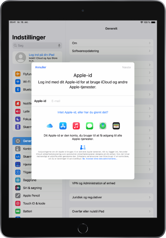 Skærmen Indstillinger med logindialogen til Apple-id midt på skærmen.