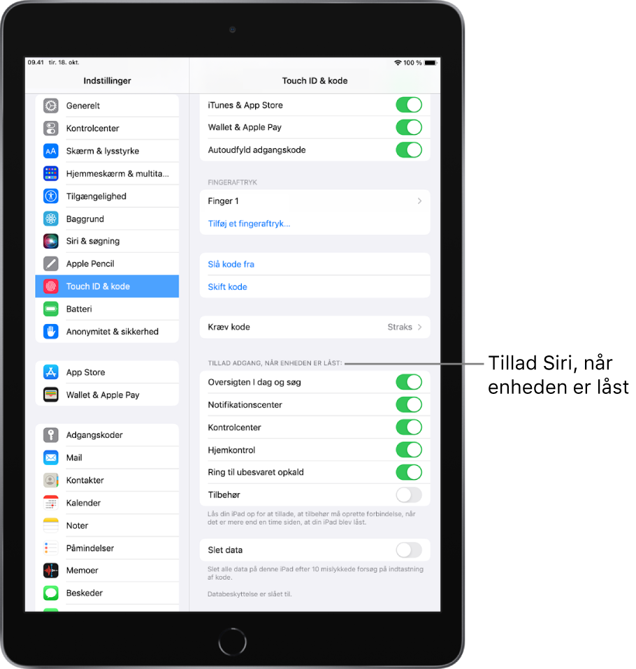 Indstillingerne til Touch ID & kode med muligheder for at tillade adgang til bestemte funktioner, når iPad er låst.