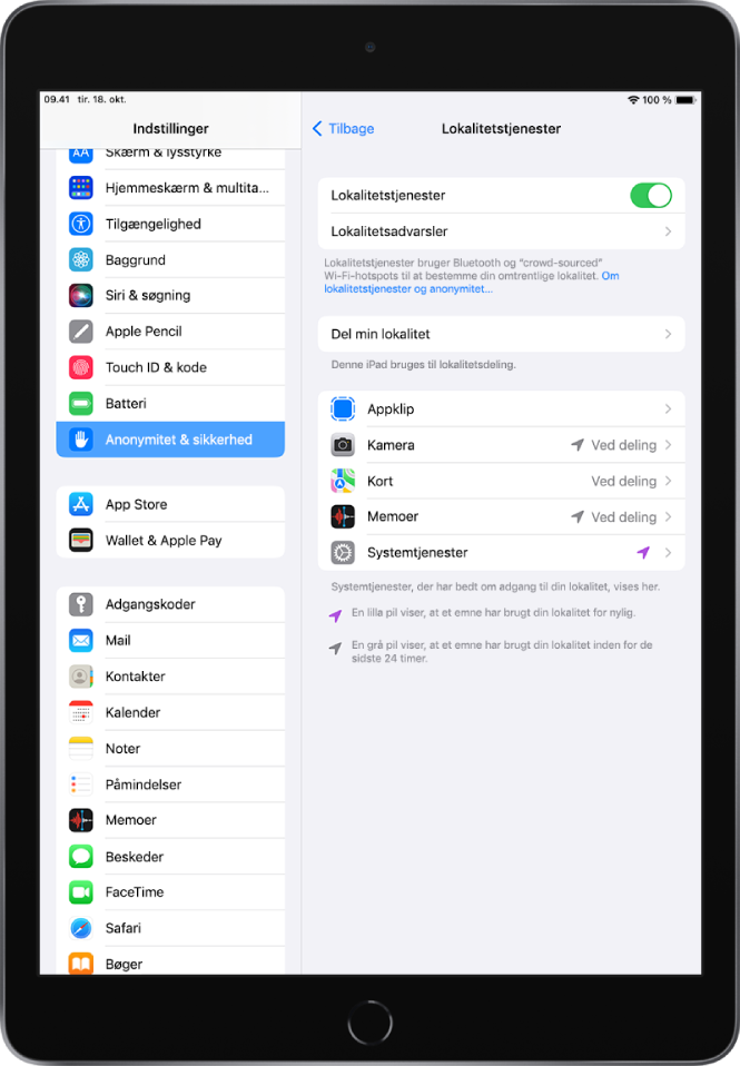 Indstillinger til Lokalitetstjenester i Anonymitet & sikkerhed med indstillinger til deling af din iPads lokalitet, herunder specielle indstillinger til individuelle apps.