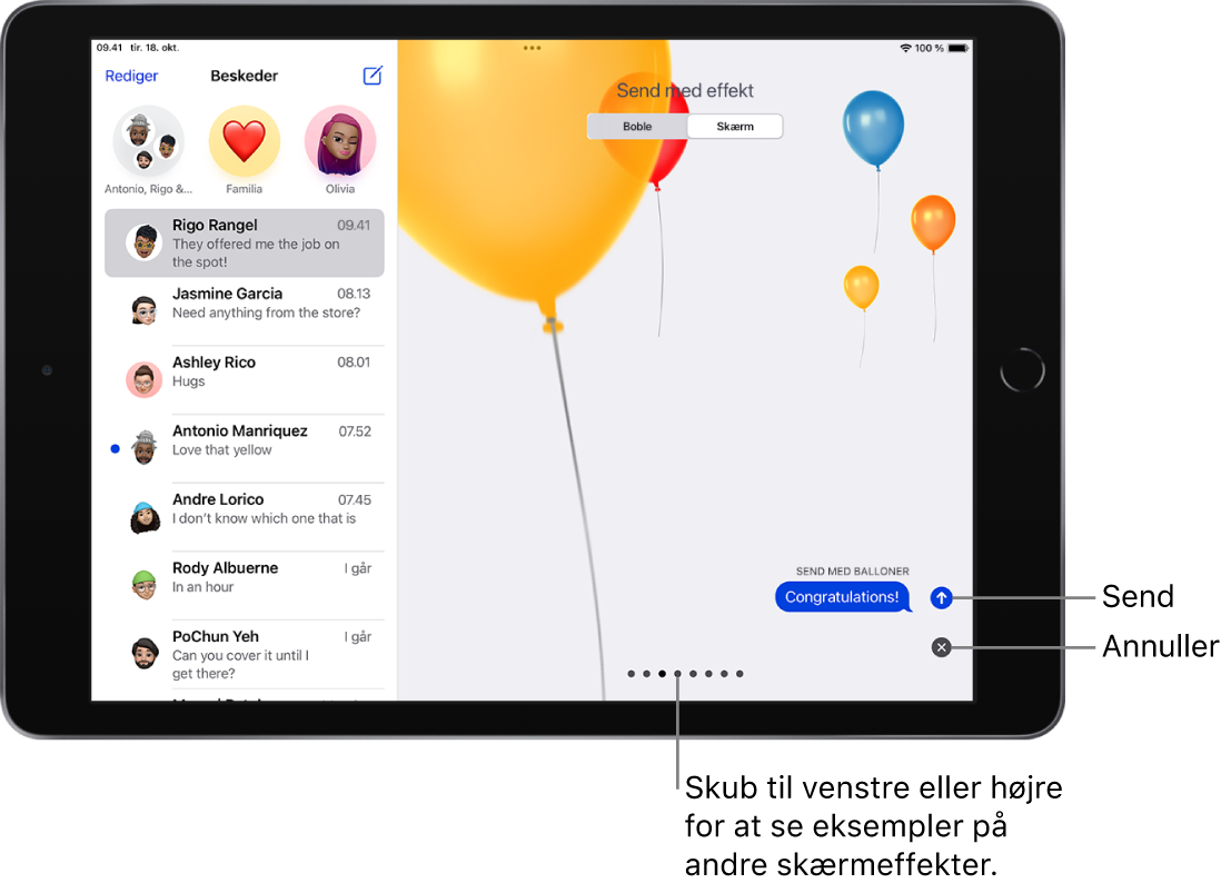 Et eksempel på en besked med en effekt på fuld skæm med balloner.
