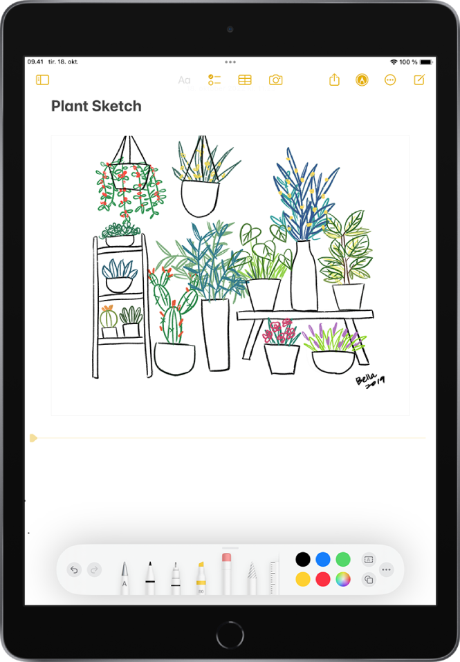 Et håndtegnet plantediagram i appen Noter. Langs bunden af skærmen vises værktøjslinjen til markering med tegneværktøjer og valgte farver.