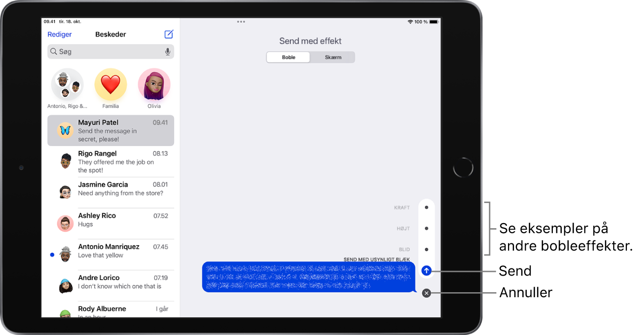 Eksempel på en besked med effekten Usynligt blæk. Langs højre side viser betjeningspanelet eksempler på andre bobleeffekter og knapperne Send og Annuller.