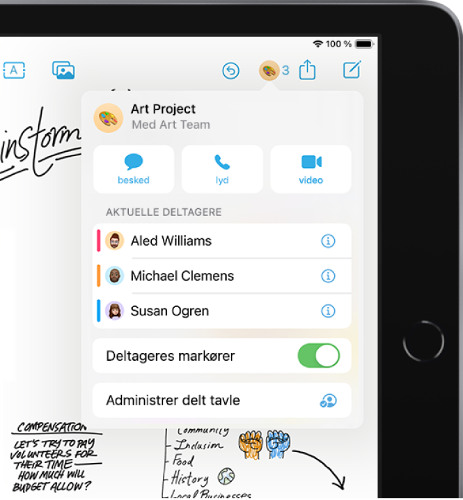 iPad med appen Freeform og dens indstillinger til samarbejde åben.