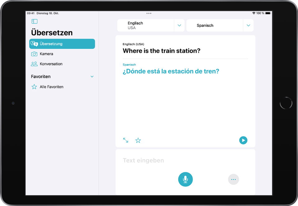 Der Tab „Übersetzen“ mit zwei ausgewählten Sprachen – Englisch und Spanisch – oben, einer Übersetzung in der Mitte und dem Feld „Text eingeben“ unten.