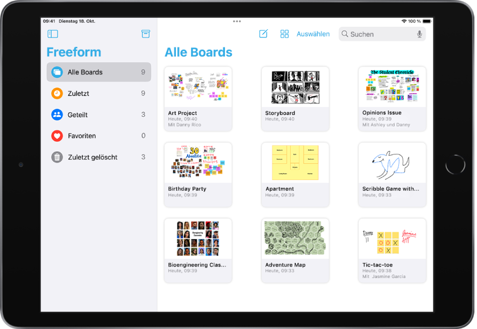 Die geöffnete App „Freeform“ auf dem iPad. In der Seitenleiste ist „Alle Boards“ ausgewählt. Auf der rechten Seite werden neun Board-Miniaturen angezeigt.