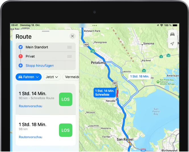 Eine Karte mit zwei Fahrtrouten im North Bay in der Nähe von San Francisco. Die schnellste Route ist ausgewählt.