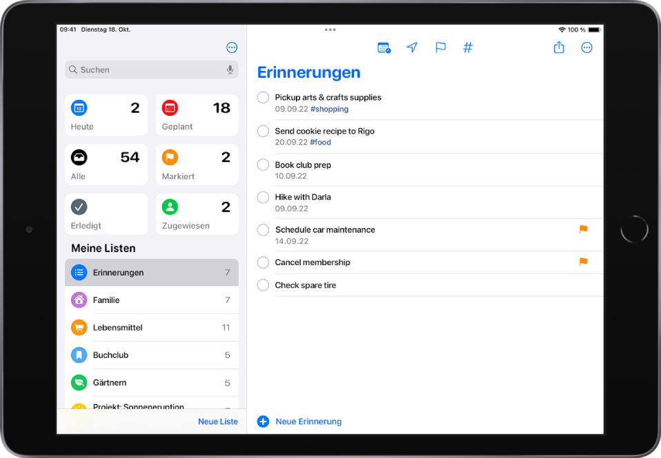 Der Bildschirm „Erinnerungen“ mit einer Liste mit Erinnerungen auf der linken Seite und einer Aufgabenliste auf der rechten Seite. Unten in der Mitte befindet sich die Taste „Neue Erinnerung“.