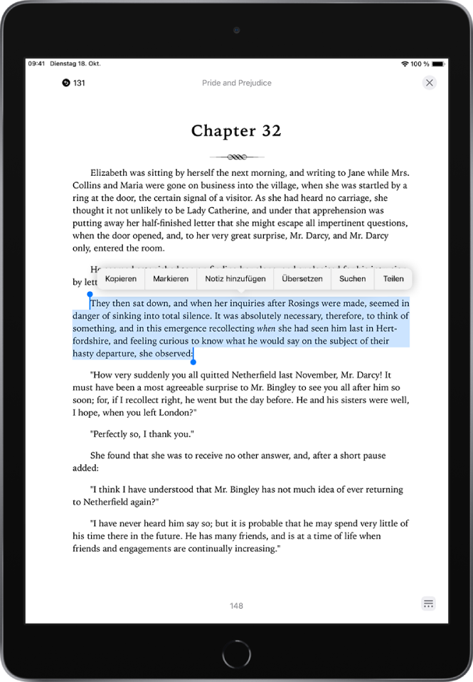 Eine Buchseite in der App „Bücher“. Ein Teil des Texts auf der Seite ist ausgewählt. Die Steuerelemente „Kopieren“, „Markieren“ und „Notiz hinzufügen“ werden über dem ausgewählten Text angezeigt.