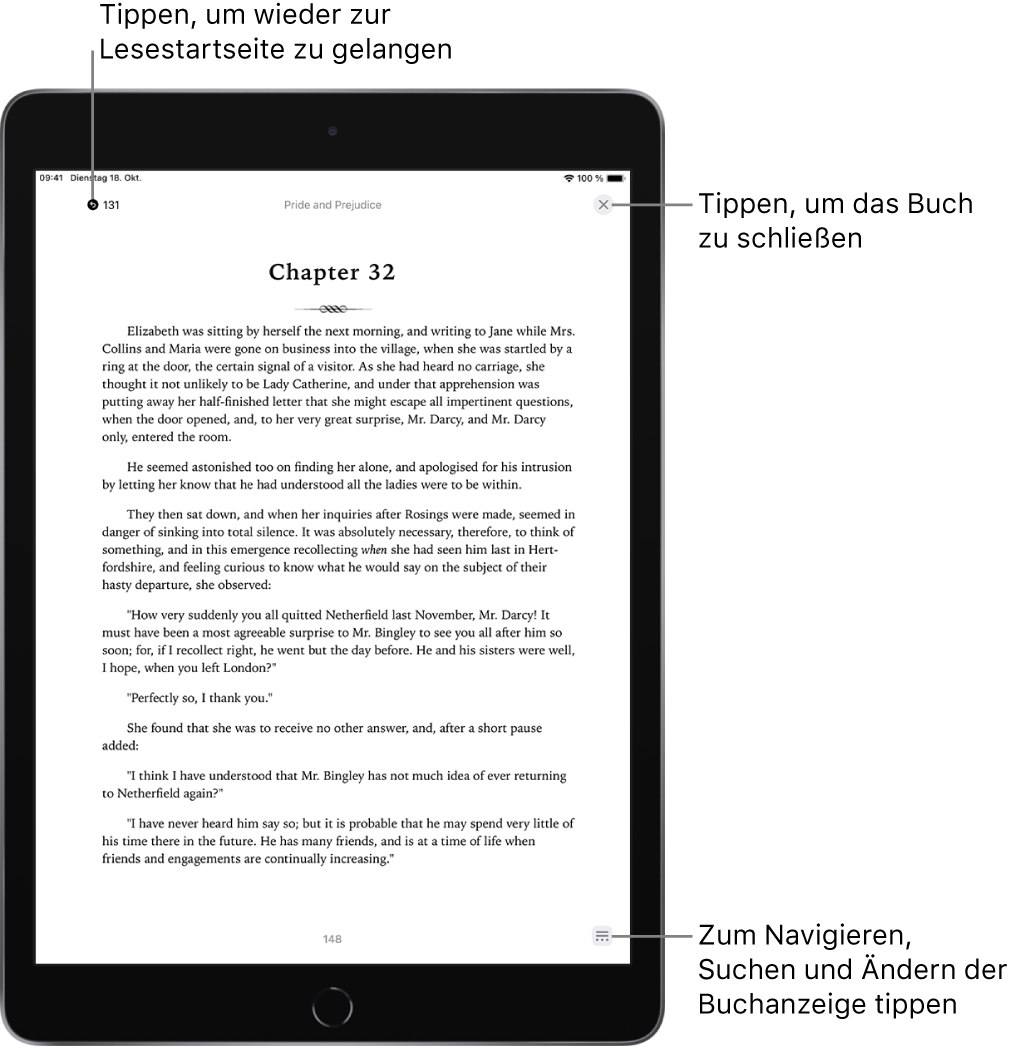 Eine Buchseite in der App „Bücher“. Obern auf dem Bildschirm befinden sich die Tasten zum Zurückkehren zu der Seite, auf der du mit dem Lesen begonnen hast, und zum Schließen des Buchs. Unten rechts auf dem Bildschirm befindet sich die Taste „Menü“.