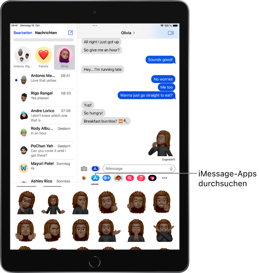 Eine Konversation in der App „Nachrichten“ mit dem ausgewählten App-Symbol „Memoji-Sticker“ und Memoji-Stickern im unteren Bildschirmbereich.