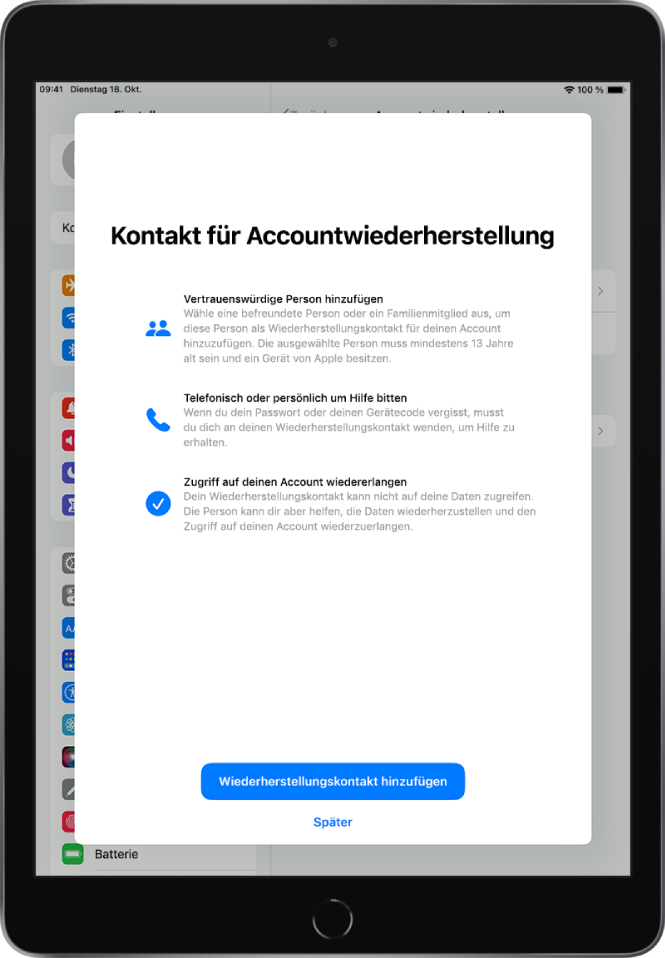 Der Bildschirm „Kontakt für Accountwiederherstellung“ mit Informationen über die Funktion. Die Taste „Kontakt für Accountwiederherstellung hinzufügen“ befindet sich unten.