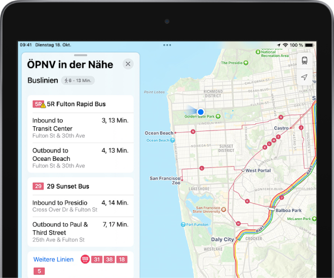Eine Karte mit wichtigen ÖPNV-Linien. Die Karte „ÖPNV in der Nähe“ links zeigt vier vorgeschlagene Linien.