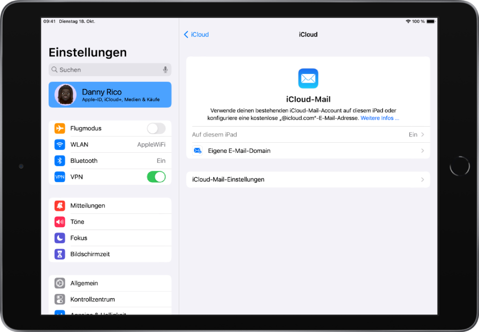 Der Bildschirm „iCloud-Mail“ in der App „Einstellungen“. Die Option „Auf diesem iPad“ ist aktiviert. Darunter befinden sich die Optionen für die Einstellungen „Eigene E-Mail-Domain“ und „iCloud-Mail“.