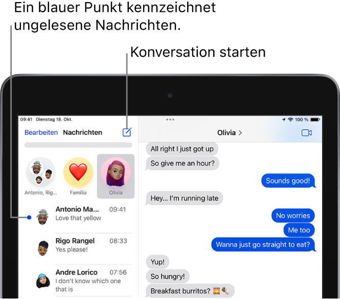 Die Nachrichtenliste mit der Taste „Bearbeiten“ oben links und der Taste „Zu FaceTime wechseln“ oben rechts. Ein blauer Punkt links neben einer Nachricht besagt, dass die betreffende Nachricht noch nicht gelesen wurde.