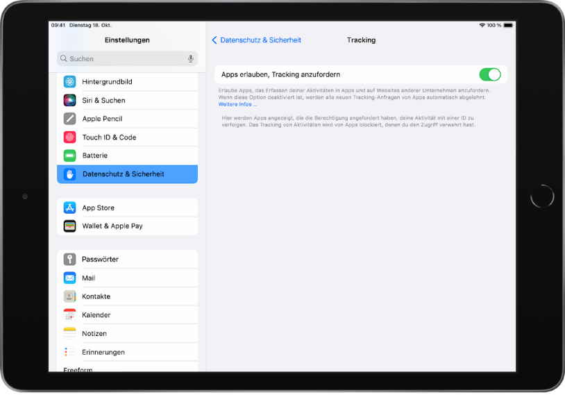 Der Bildschirm „Einstellungen“ des iPad. Auf der linken Bildschirmseite befindet sich die Seitenleiste „Einstellungen“, in der „Datenschutz & Sicherheit“ ausgewählt ist. Auf der rechten Bildschirmseite befindet sich die Option zum Aktivieren und Deaktivieren von „Apps erlauben, Tracking anzufordern“.