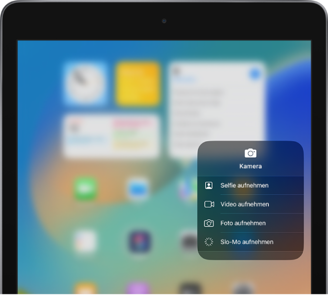 Ein Bildschirm mit den zusätzlichen Optionen für die Kamera, die im Kontrollzentrum verfügbar sind, wenn du den Finger auf das Steuerelement für die Kamera legst. Folgende Optionen sind verfügbar: „Selfie aufnehmen“, „Video aufnehmen“, „Foto aufnehmen“ und „Slo-Mo aufnehmen“.