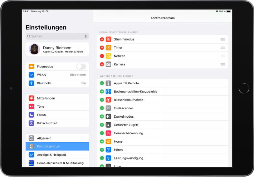 Der Bildschirm „Einstellungen“ des iPad. Auf der linken Bildschirmseite befindet sich die Seitenleiste „Einstellungen“, in der „Kontrollzentrum“ ausgewählt ist. Auf der rechten Bildschirmseite befinden sich Optionen zum Anpassen des Kontrollzentrums.