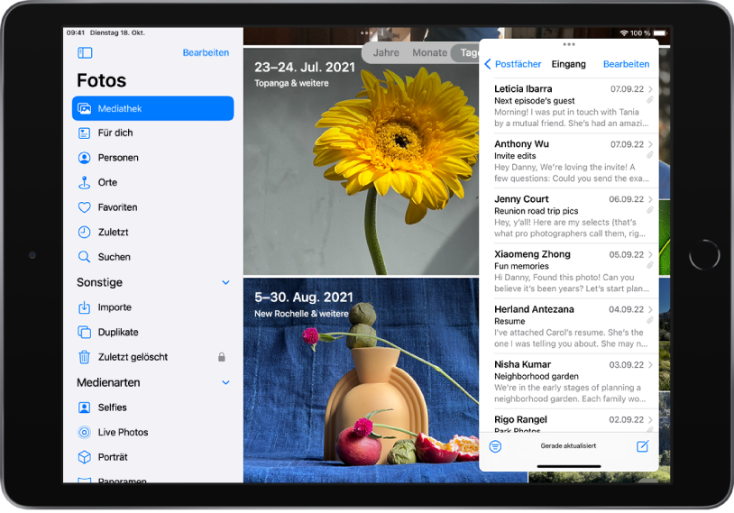 Die App „Fotos“ füllt den gesamten Bildschirm. Der Posteingang der App „Mail“ ist in einem Slide Over-Fenster geöffnet, das sich auf der rechten Seite des Bildschirms befindet.