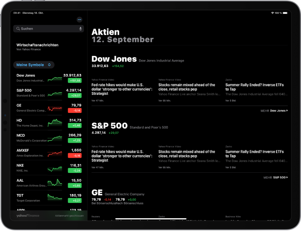 Der Bildschirm „Aktien“ ist im Querformat ausgerichtet. Links oben befindet sich das Suchfeld. Unter dem Suchfeld ist die Aktienliste. Top-Storys, die für die aufgelisteten Aktien relevant sind, füllen den Rest des Bildschirms.