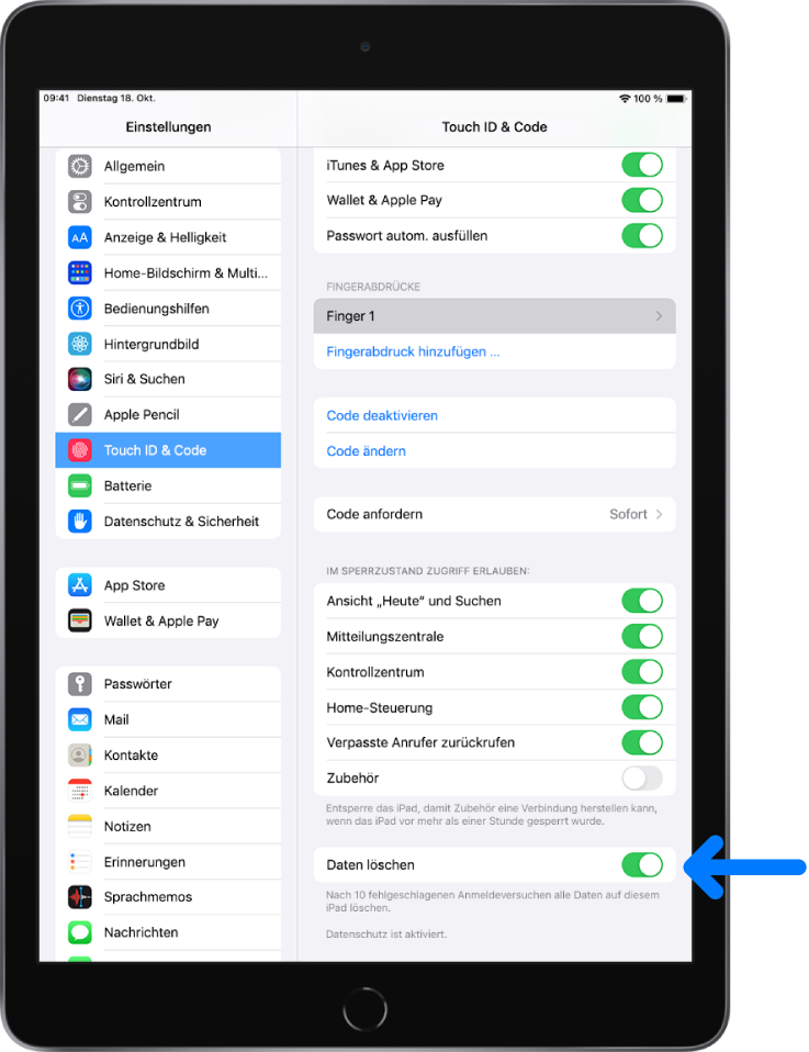 Die Option „Daten löschen“ im unteren Bereich des Bildschirms „Touch ID & Code“ in der App „Einstellungen“.