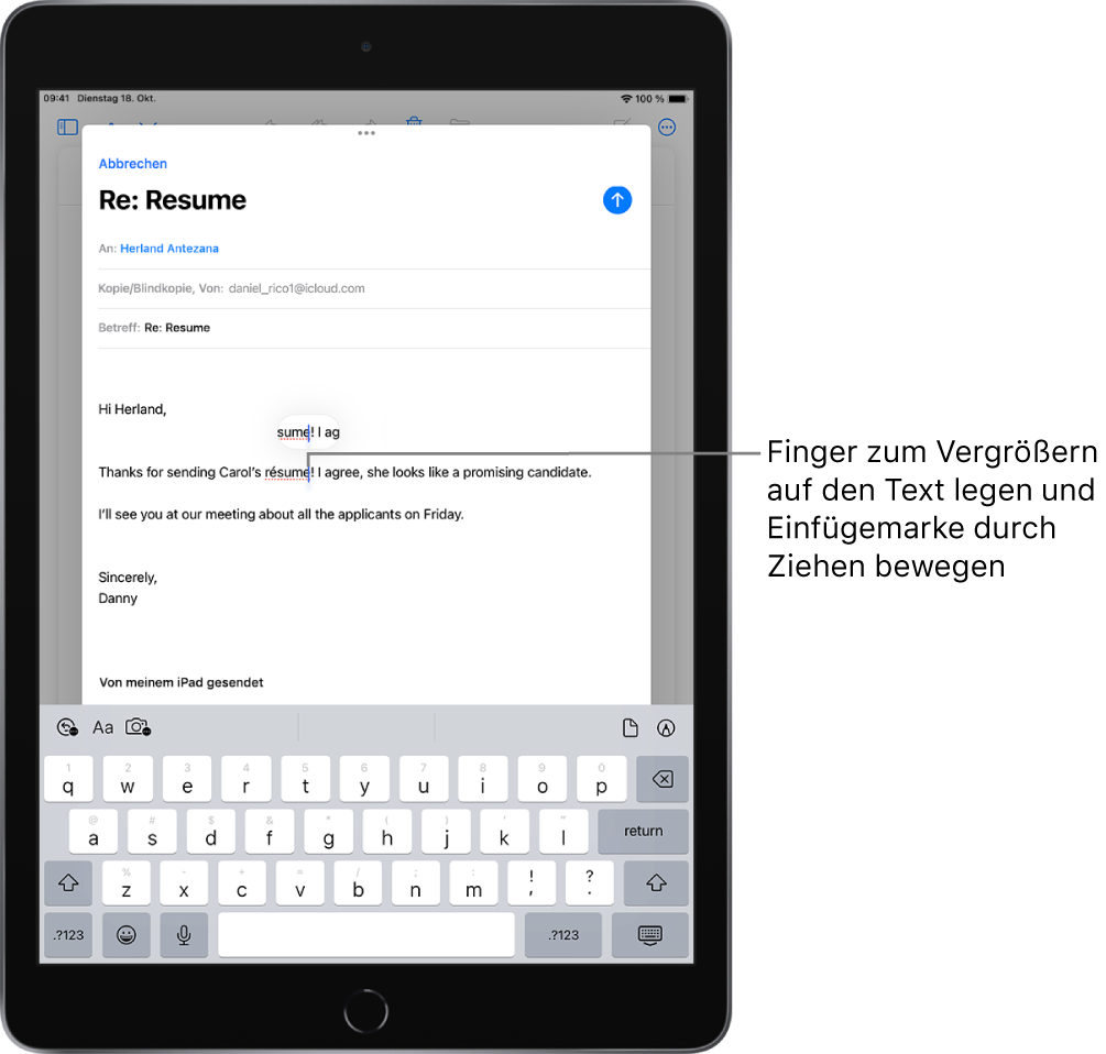 Ein E-Mail-Entwurf mit der Einfügemarke an der Stelle, an der der Text eingefügt oder bearbeitet wird. Der umgebende Text wird vergrößert, damit das Platzieren der Einfügemarke einfacher ist.