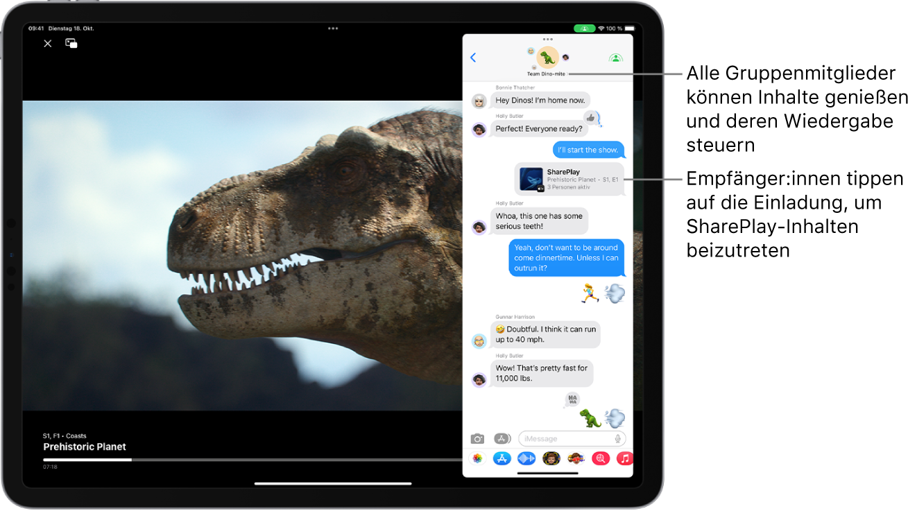 Ein Video wird auf dem iPad-Bildschirm wiedergegeben. Über dem Video befindet sich eine Gruppenkonversation in der App „Nachrichten“ mit einer SharePlay-Einladung, die allen Mitgliedern der Gruppe ermöglicht, das Video anzusehen und mit ihm zu interagieren.