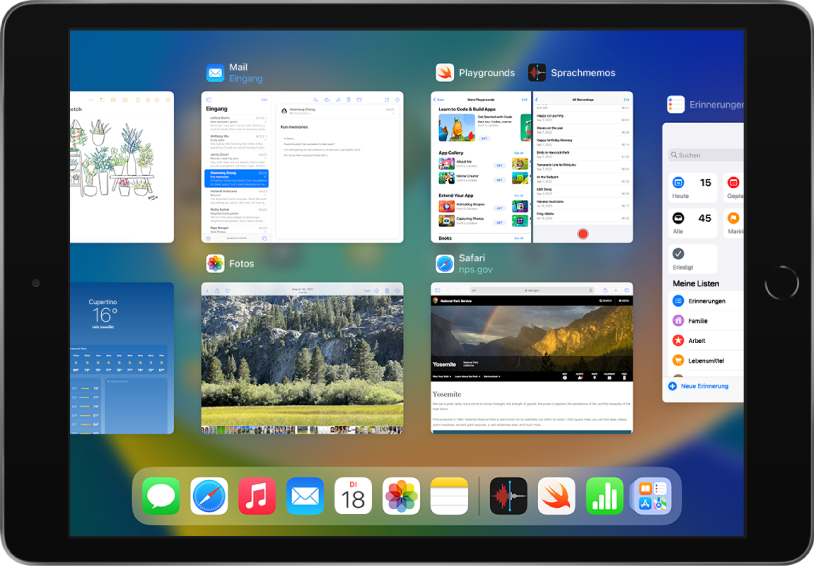 Der App-Umschalter enthält mehrere Apps, Split View-Arbeitsbereiche und Slide Over-Fenster.