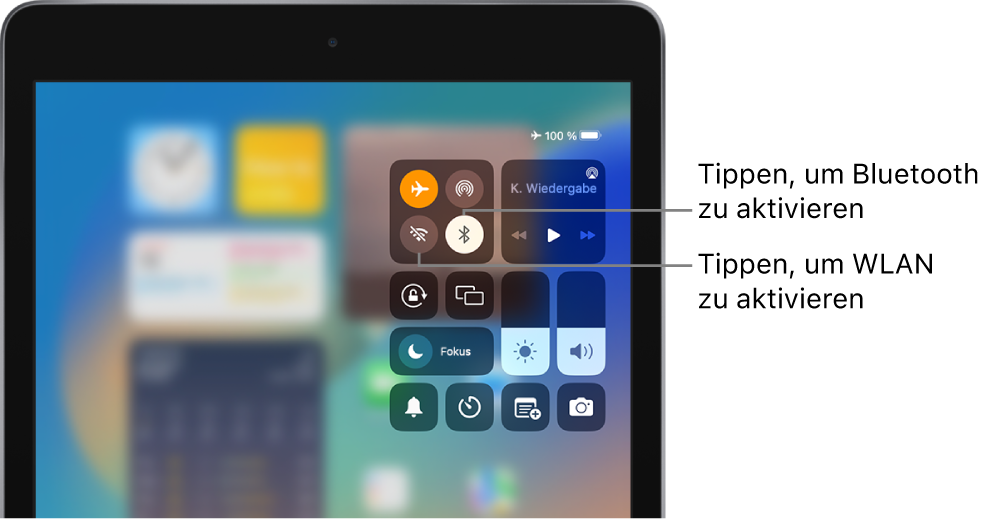 Kontrollzentrum mit aktiviertem Flugmodus. Die Tasten zum Aktivieren von „WLAN“ und „Bluetooth“ befinden links oben im Kontrollzentrum.