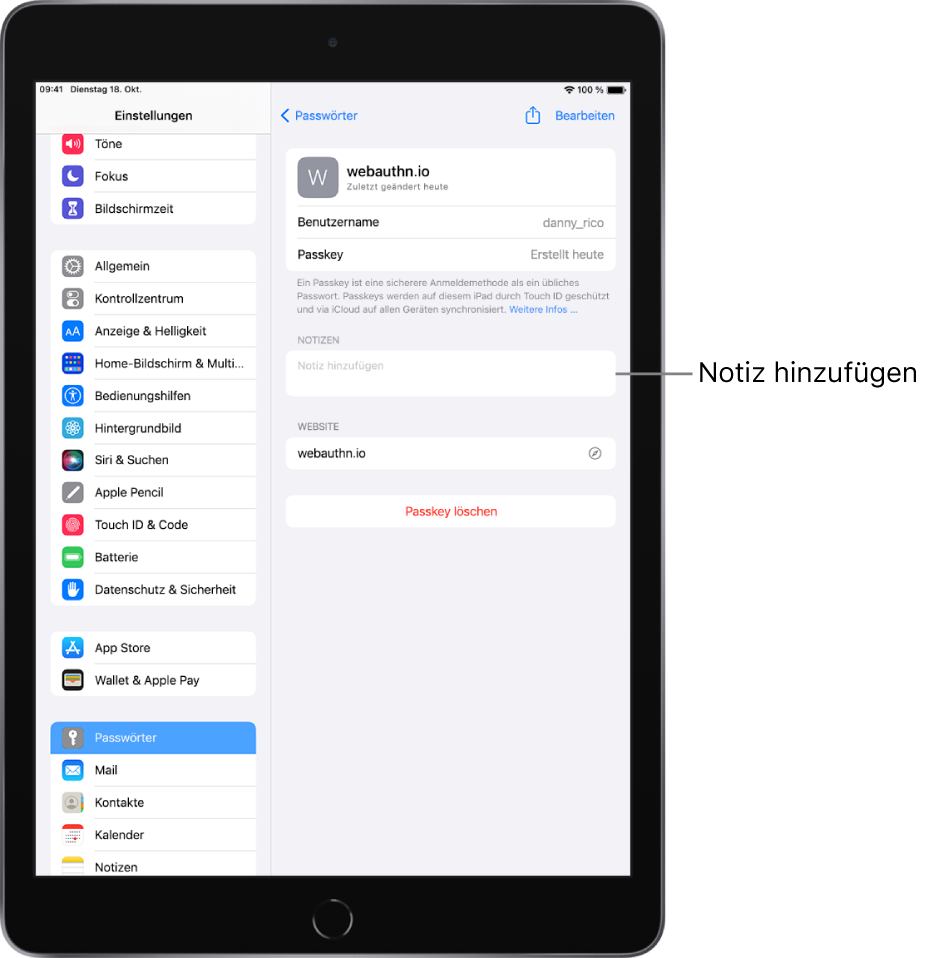 Der Bereich „Passwörter“ der „Einstellungen“ mit Informationen über einen Passkey und einem Feld zum Eingeben einer Notiz.