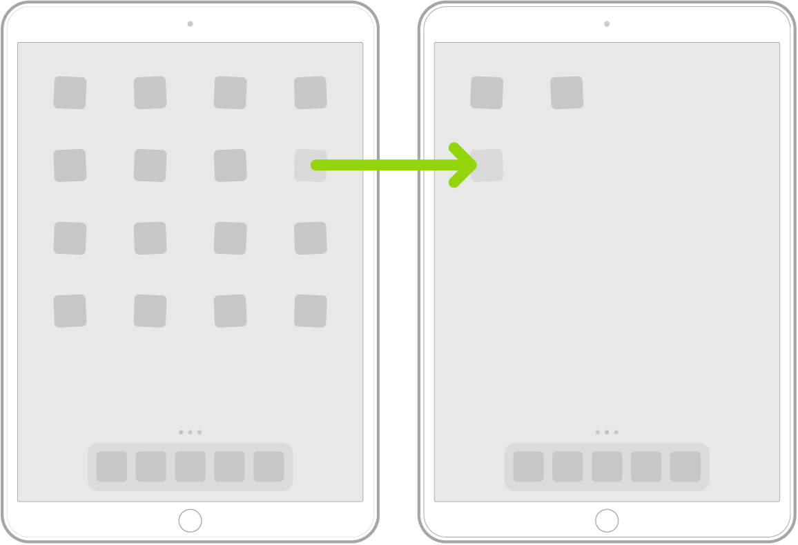 Wackelnde Apps im Home-Bildschirm mit einem Pfeil, der zeigt, dass eine App auf die nächste Seite bewegt wird.