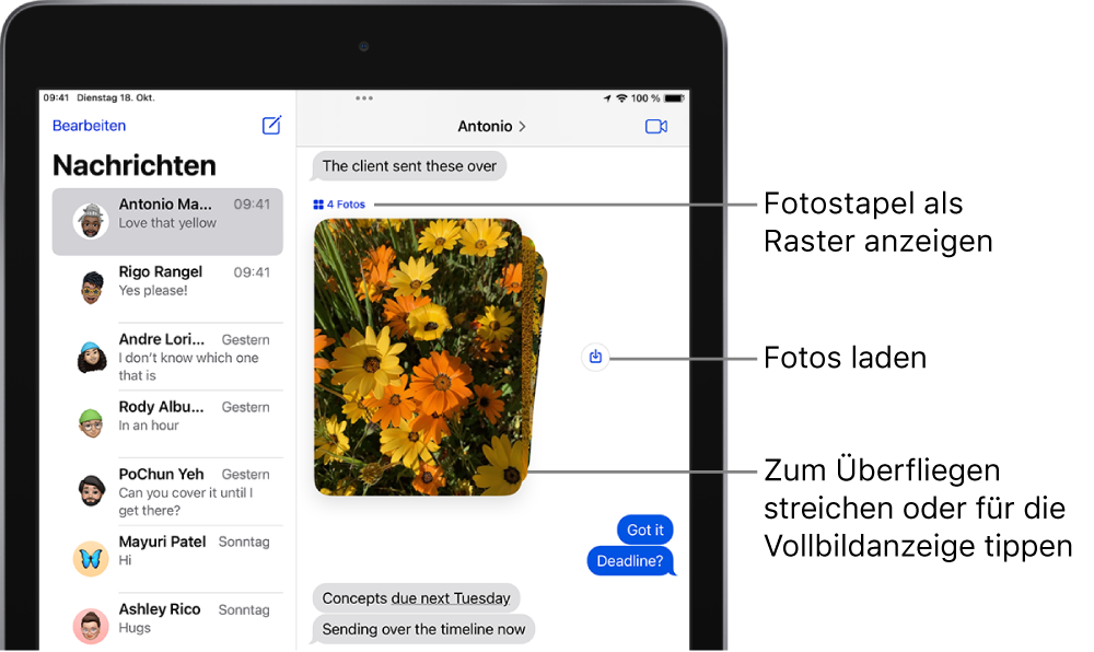 Eine Konversation in der App „Nachrichten“ mit einer Sammlung von Fotos, auf denen Personen und Blumen zu sehen sind, neben einer Taste zum Sichern.