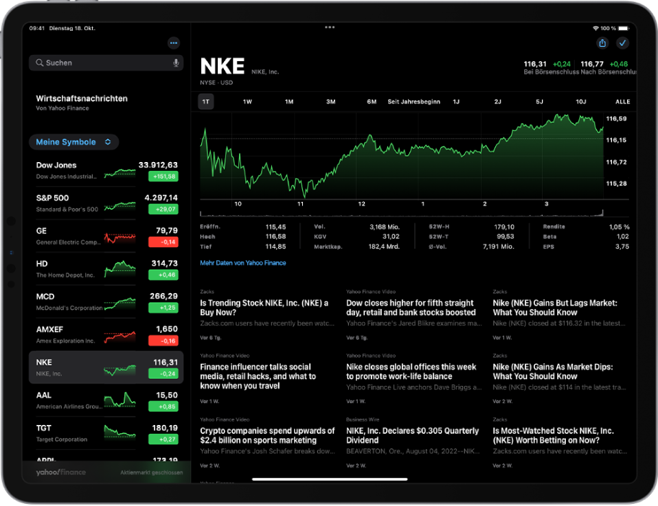 Der Bildschirm „Aktien“ ist im Querformat ausgerichtet. Links oben befindet sich das Suchfeld. Unter dem Suchfeld ist die Aktienliste. In der Aktienliste ist eine Aktie ausgewählt. In der Mitte des Bildschirms zeigt ein Diagramm die Entwicklung der ausgewählten Aktie; die Ansicht für einen Tag ist ausgewählt. Über dem Diagramm befinden sich Tasten zum Anzeigen der Aktienentwicklung für einen Tag, eine Woche, einen Monat, drei Monate, sechs Monate, ein Jahr, zwei Jahre, fünf Jahre, zehn Jahre oder für alle Angaben. Unter dem Diagramm sind Details zur Aktie zu sehen, etwa Eröffnungspreis, Hoch, Tief und Marktkapitalisierung. Unter diesen Details befindet sich ein Apple News-Artikel, der sich auf die Aktie bezieht.