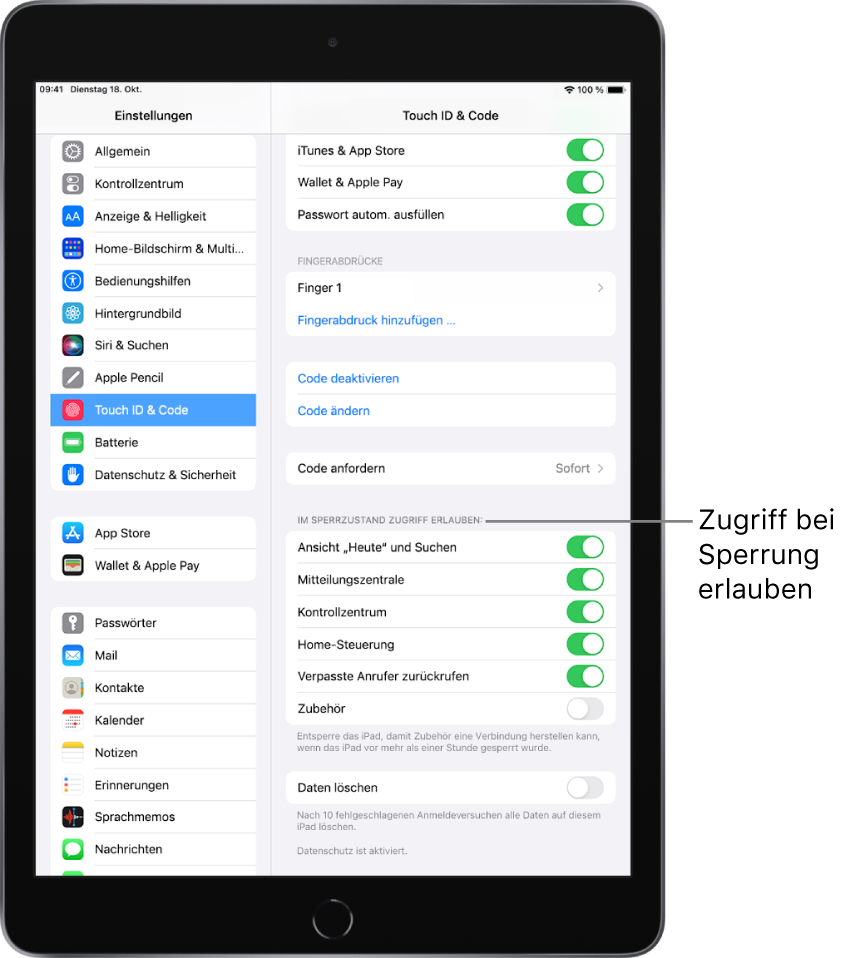 Der Bildschirm „Touch ID & Code“ mit Optionen zum Erlauben des Zugriffs auf bestimmte Funktionen, wenn das iPad gesperrt ist.