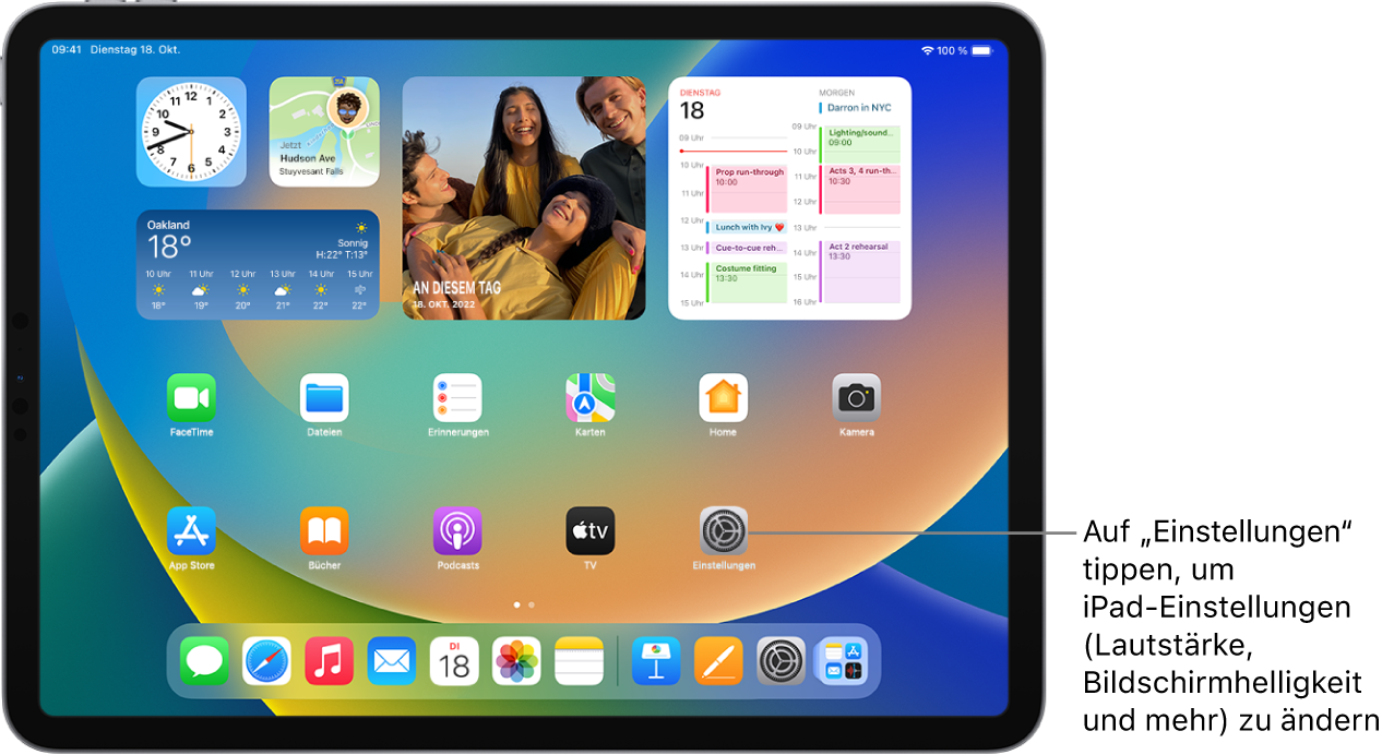 Der Home-Bildschirm des iPad mit mehreren App-Symbolen, unter anderem mit dem Symbol der App „Einstellungen“. Wenn du auf dieses Symbol tippst, kannst du unter anderem die Lautstärke und die Bildschirmhelligkeit für das iPad ändern.