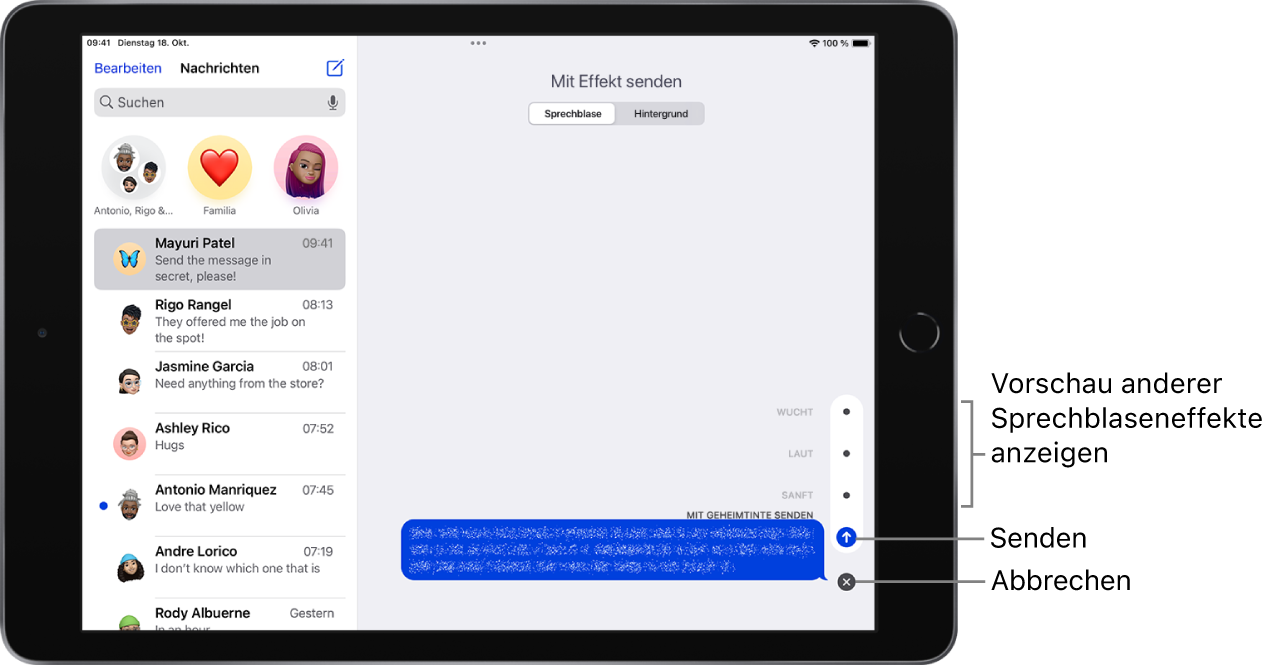 Die Vorschau einer Nachricht mit dem Effekt „Geheimtinte“. Rechts befinden sich Steuerelement zum Anzeigen einer Vorschau auf andere Sprechblaseneffekte und die Tasten „Senden“ und „Abbrechen“.