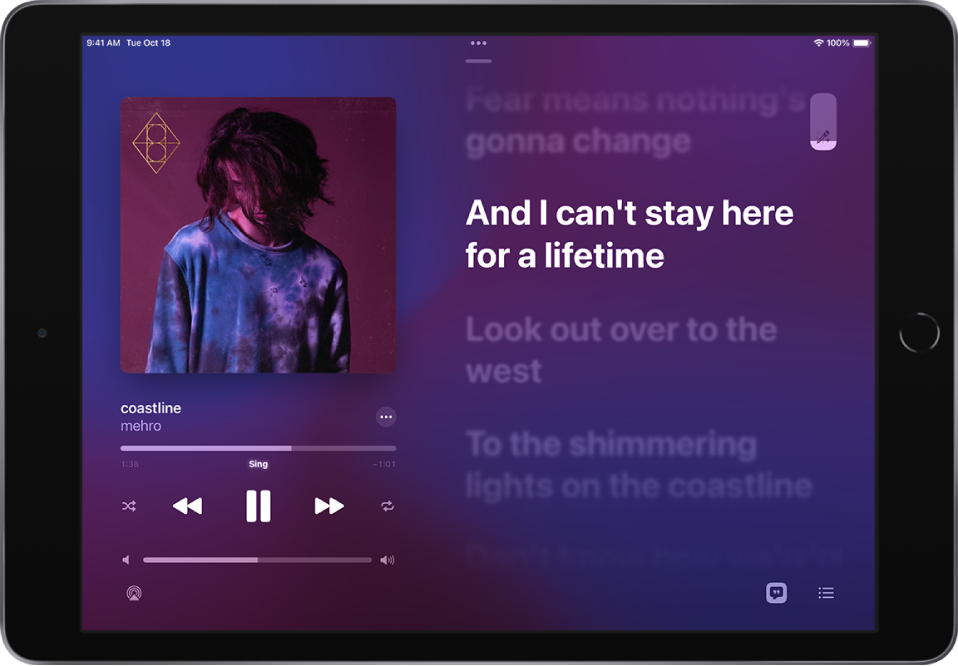 The Now Playing screen showing the Apple Music Sing slider at the top right.