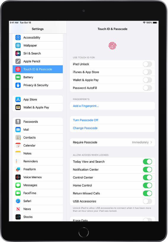 The Settings sidebar is on the left side of the screen and Touch ID & Passcode is selected. On the right side of the screen are options to choose which features can be unlocked using Touch ID. iPad Unlock, iTunes & App Store, Wallet & Apple Pay, and Password Autofill are all turned off.