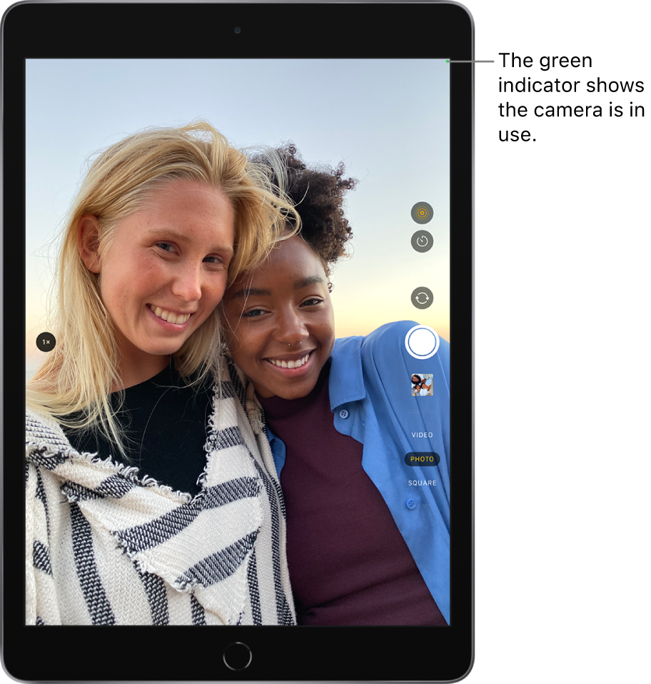 The Camera screen. A green indicator at the top right shows that the camera is in use.