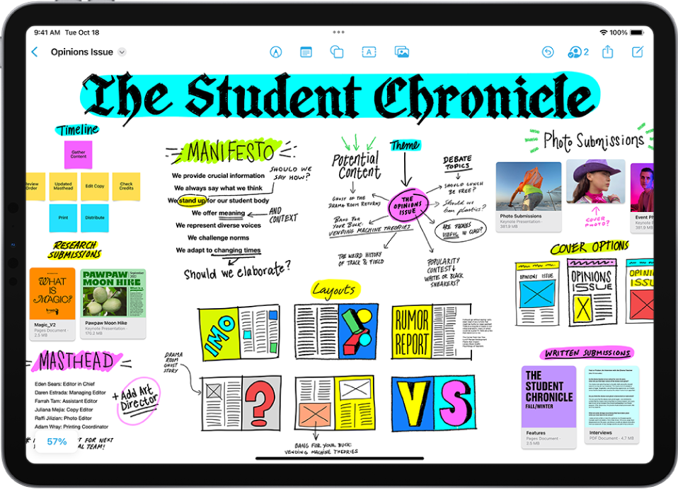 iPad in landscape orientation with the Freeform app open. The board includes handwriting, drawings, sticky notes, links, and files.