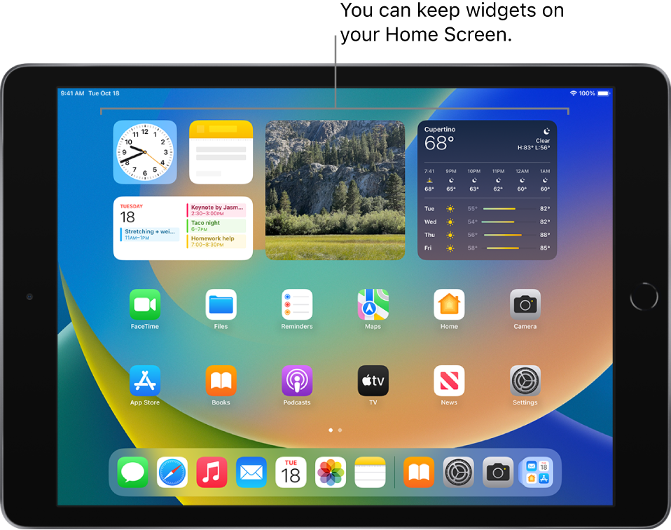 The Home Screen with widgets—including the Photos, Calendar, and Weather widgets.