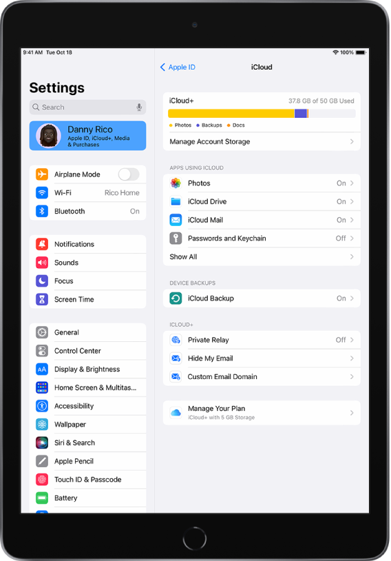 The Settings screen with the user’s name selected at the top of the sidebar on the left side of the screen. On the right side of the screen are the options for iCloud settings including the iCloud storage meter and a list of apps and features, including Photos, iCloud Drive, iCloud Mail, and Passwords and Keychain.