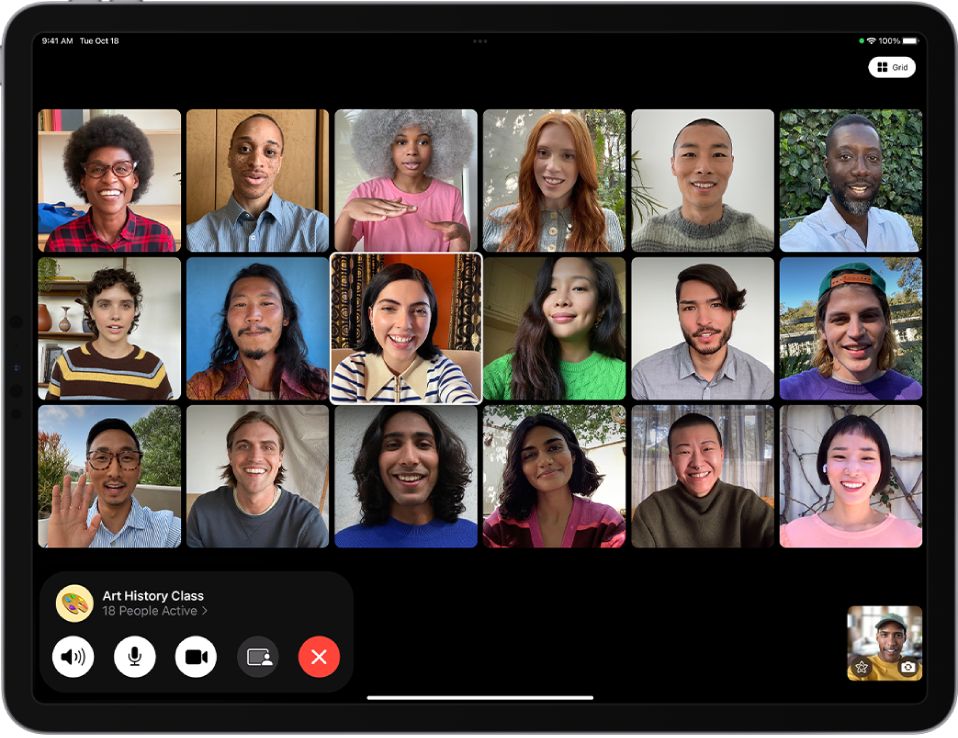 A Group FaceTime call, showing the participants in Grid Layout, with the speaker’s image highlighted. At the bottom are the FaceTime controls, including the Audio, Mic, Camera, SharePlay, and End buttons. Above the controls are the Apple ID of the group or person you’re talking with and the Info button.