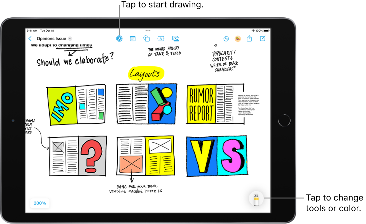 Drawings and handwritten text on a Freeform board. The drawing tool is selected, and the tools are minimized.