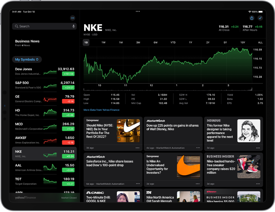 The Stocks screen in landscape orientation. The search field is in the top-left corner. Below the search field is the watchlist. A stock in the watchlist is selected. In the middle of the screen a chart shows the performance of the selected stock; the one day view is selected. Above the chart are buttons to display the stock performance by one day, one week, one month, three months, six months, one year, two years, five years, ten years, or all. Below the chart are stock details such as opening price, high, low, and market cap. Below the chart details are Apple News articles related to the stock.