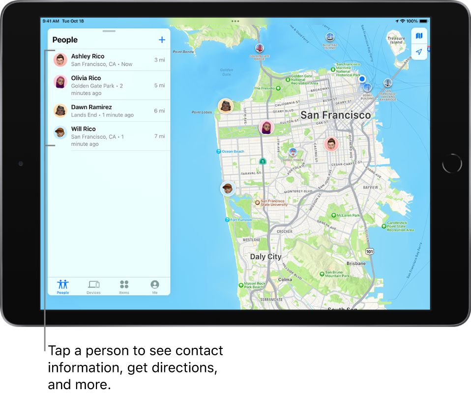 The Find My screen open to the People list. There are four people in the list: Ashley Rico, Olivia Rico, Dawn Ramirez, and Will Rico. Their locations are shown on a map of San Francisco.