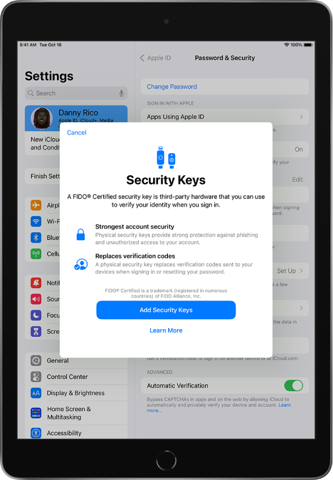 The Security Keys welcome screen. Near the bottom is the Add Security Keys button and a Learn More link. Above them is explanatory text about the benefits of using security keys.