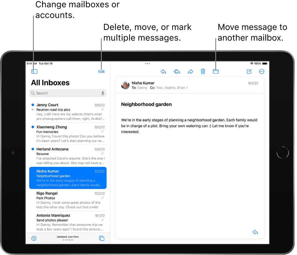 The Mail Inbox, with the list of emails on the left, and an open email on the right. The button to switch to another mailbox is in the top-left corner. To the right is the Edit button, to delete, move, or mark multiple messages. Right of the center of the toolbar is the button to move the open message to another mailbox.