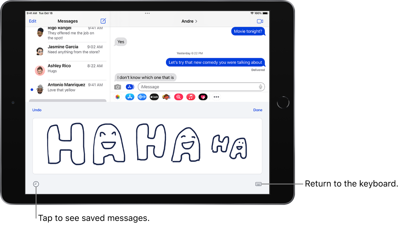 The canvas for composing a handwritten message. Along the bottom, from left to right, are saved messages and the Show Keyboard button.